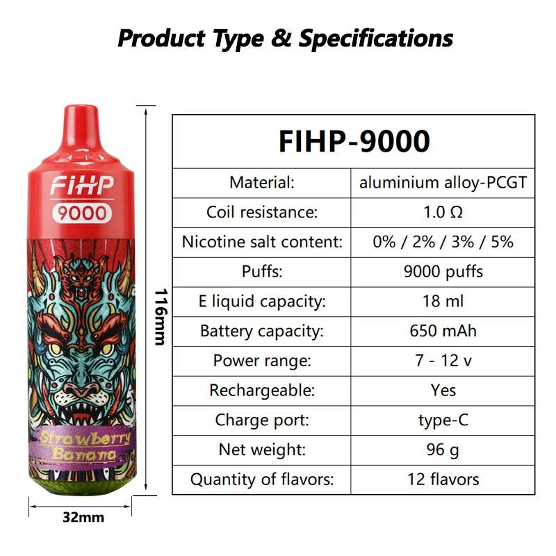 Wholesale Bulk Orders of FIHP 9000 Puffs Vape Pen 18ml Capacity and Customizable Nicotine Strength