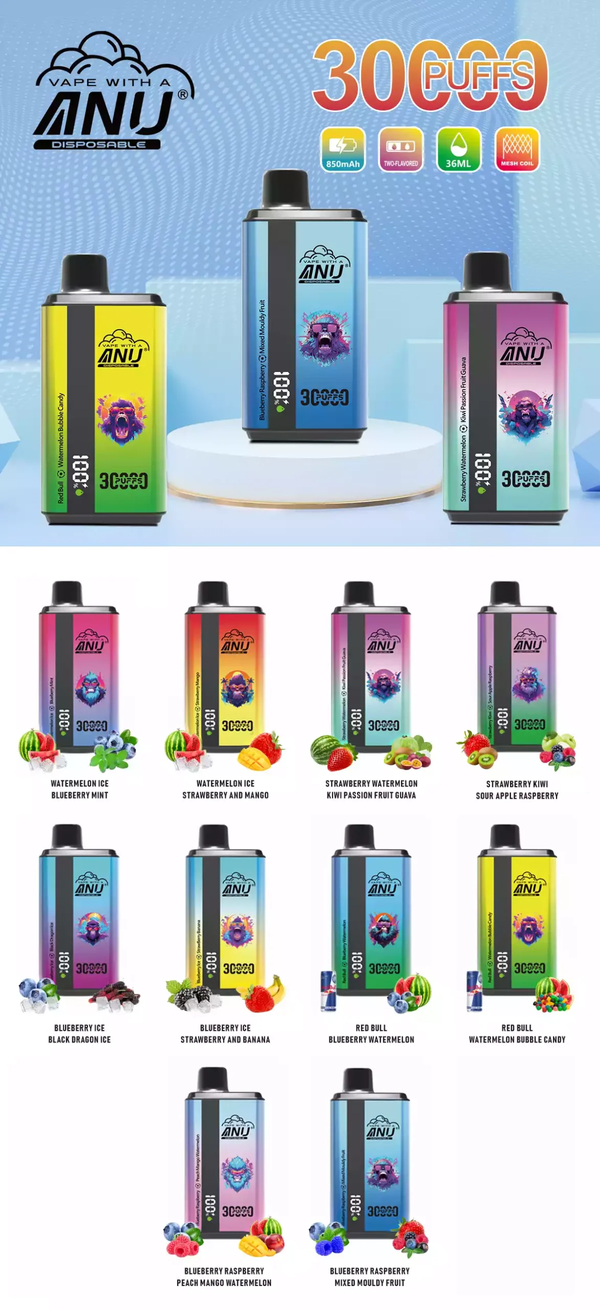 ANU Double Flavor 30000 Puffs 36ml E-Liquid High Quality Disposable Vape Wholesale Direct from Factory Bulk Flavor Variety Nicotine 0% 2% 3% 5% (9)