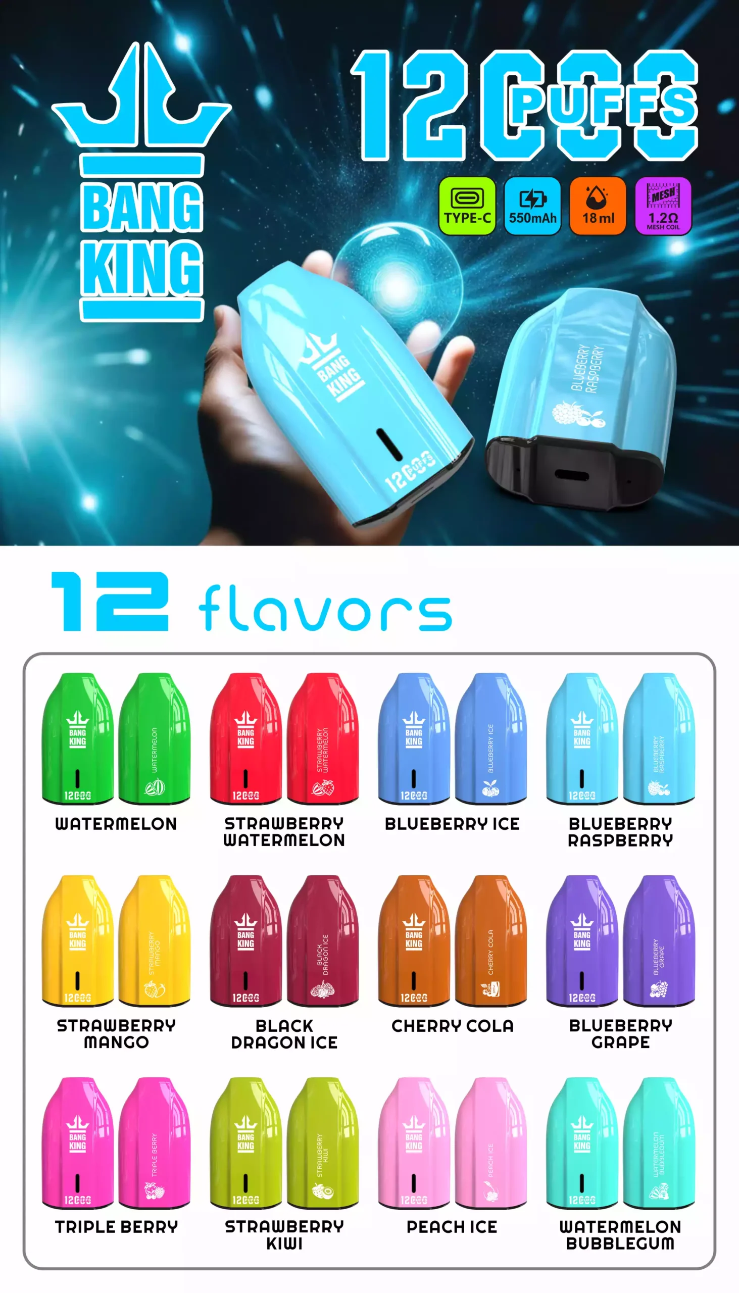 BANG KING 12000 Puffs Powerful 600mAh Battery Wholesale Disposable Vapes Original Factory Bulk Multiple Flavors Nicotine 0% 2% 3% 5% (3)