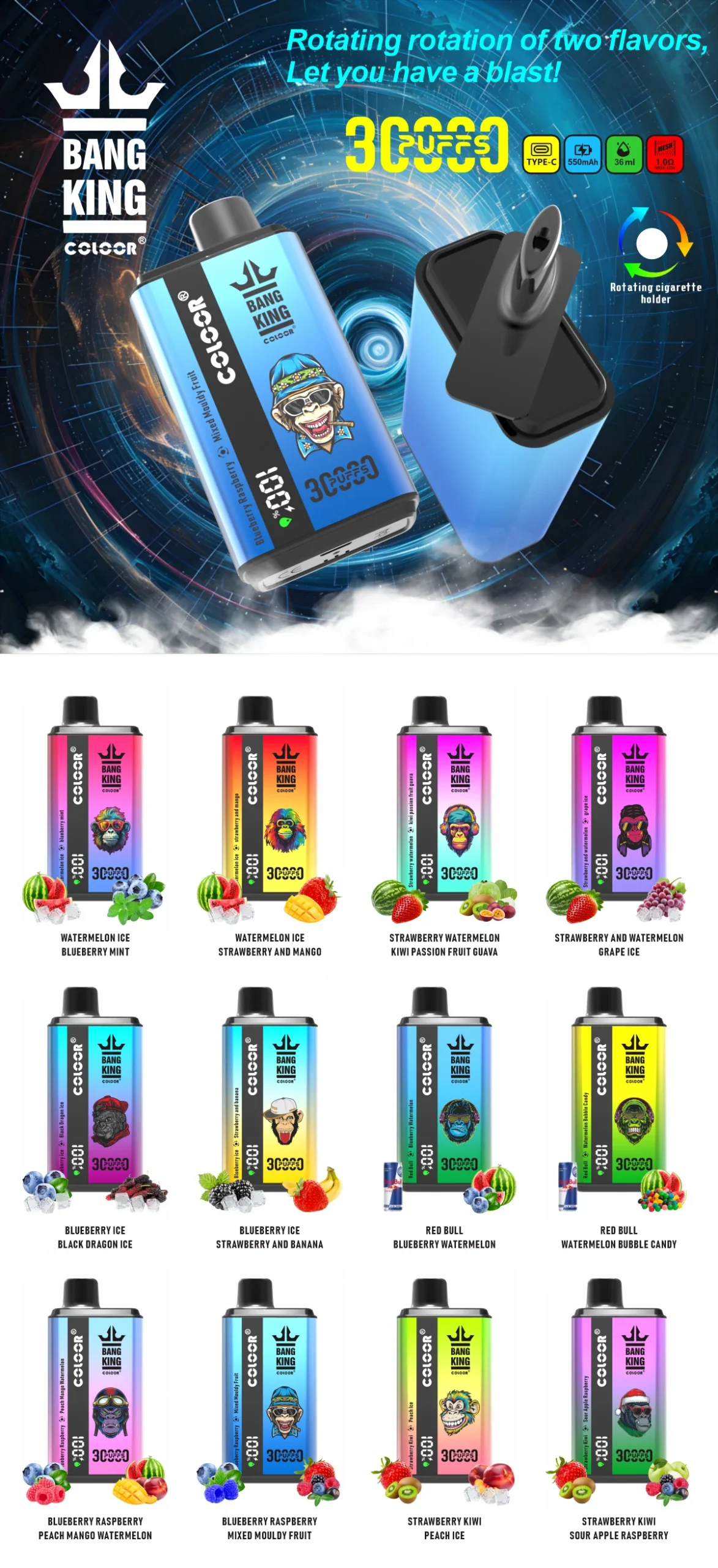 Bang King 30000 Puffs Disposable Vape Electronic Cigarette 30K Double Flavor Switching Vape 0% 2% 3% 5% Nicotine LCD Bulk Buy Disposable Vape Wholesale